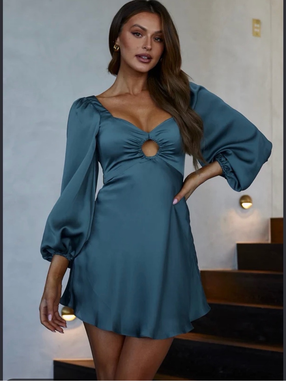 Teal Long-Sleeve Satin Mini Dress with Front Keyhole